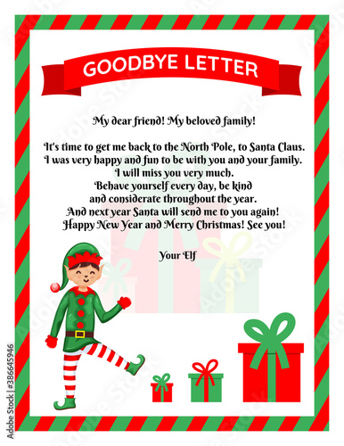 Christmas elf goodbye letter with christmas gift. Flat vector illustration.