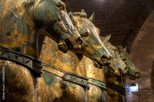 Roman quadriga, (four horses), on the roof of San Marco Cathedral in Venice, Venezia, Italy