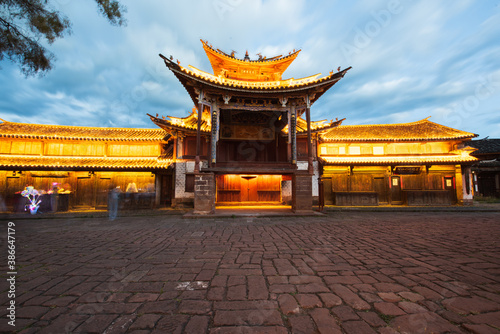 Night view of ancient stage in Shaxi Ancient Town, Jianchuan, Dali, Yunnan, China photo