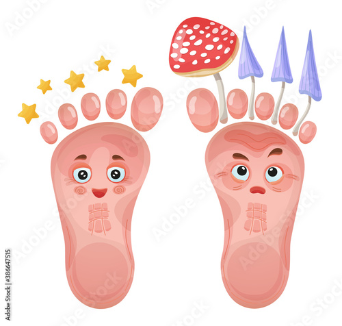 Healthy and problem foot characters. Skin or nail fungus. Pair of funny human leg with happy and sad expression. Medical treatment of derma diseases, fungal infection. Vector in cartoon style.