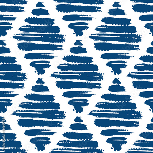 Blue ink striped rhombuses isolated on white background. Seamless monochrome seamless pattern. Vector flat graphic hand drawn illustration. Texture.