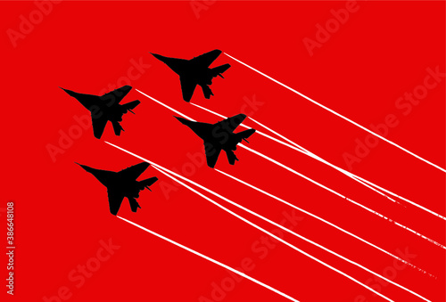 Mikoyan Mig-29 fighter aircrafts contrails. Vector silhouette