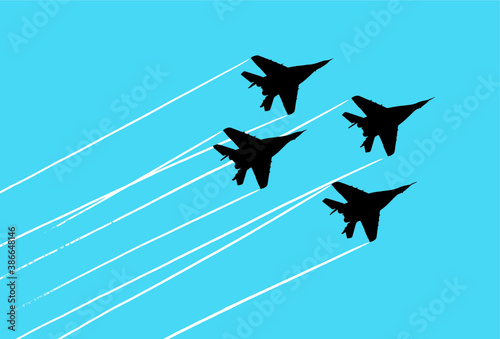 Mikoyan Mig-29 fighter aircrafts contrails. Vector silhouette