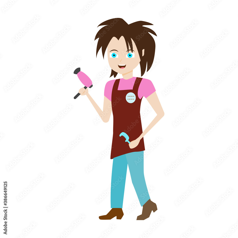Cartoon flat hairdresser isolated on white. Design for poster, bag, notebook, banner, wrapper, background. Smilling hairstylist for your creative design Cartoon flat hairdresser isolated on white. Design for poster, bag, notebook, banner, wrapper, background. Smilling hairstylist for your creative design
