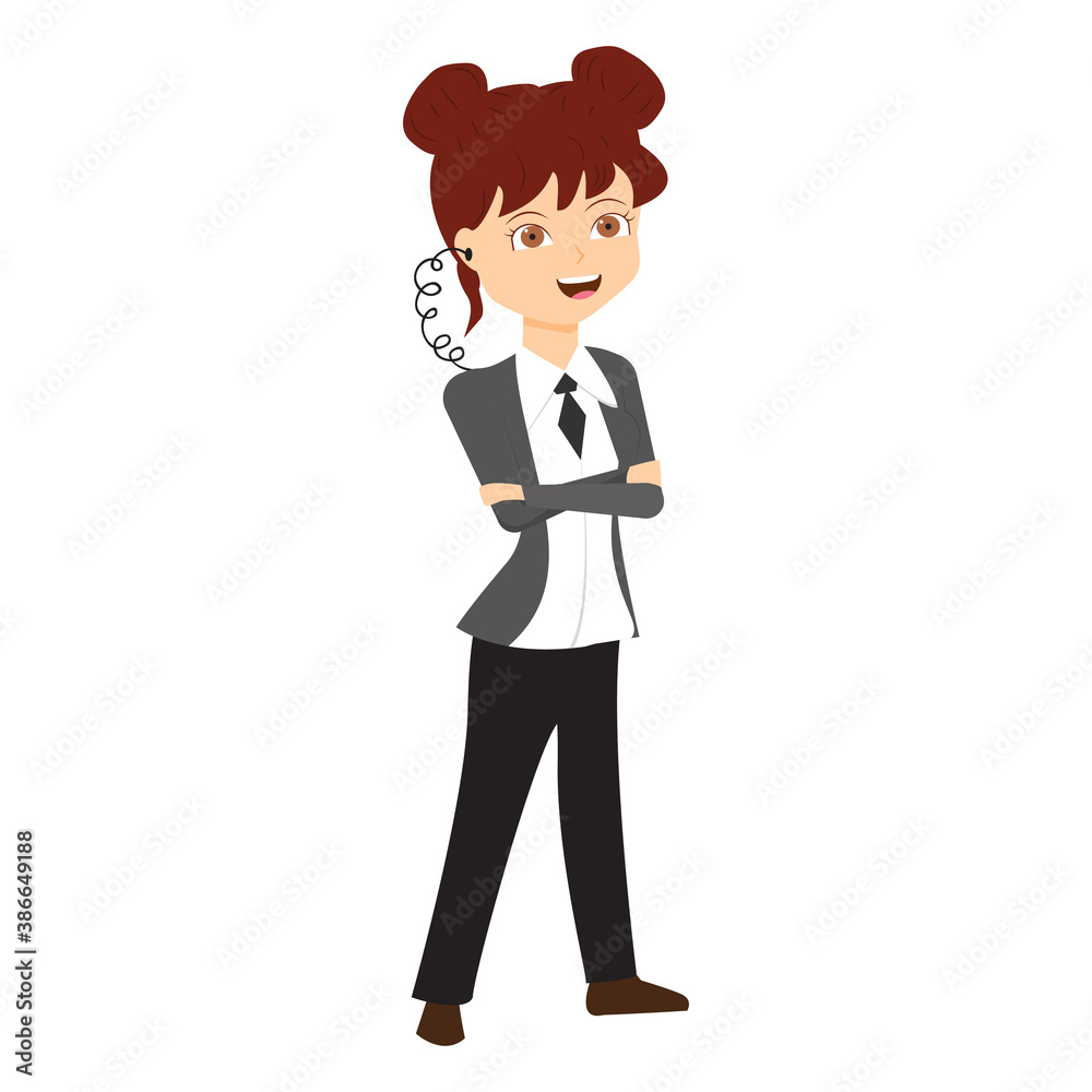 Cartoon flat bodyguard isolated on white. Cute smiling woman-guardian. Vector Illustration Cartoon flat bodyguard isolated on white. Cute smiling woman-guardian. Vector Illustration
