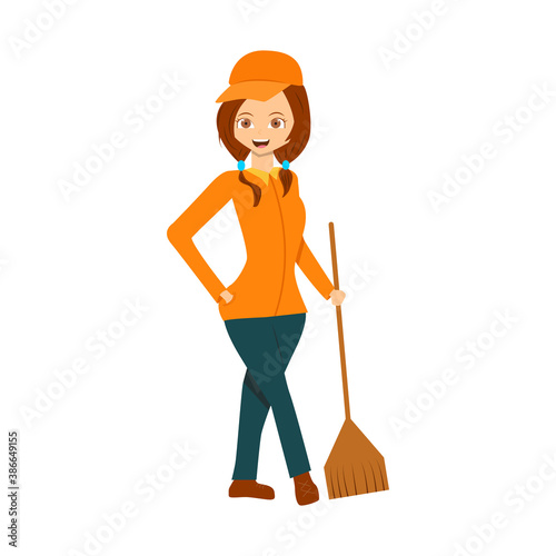 Cartoon flat janitor isolated on white. Design for poster, notebook, banner, wrapper, background. Cute smilling woman caretaker for your creative design