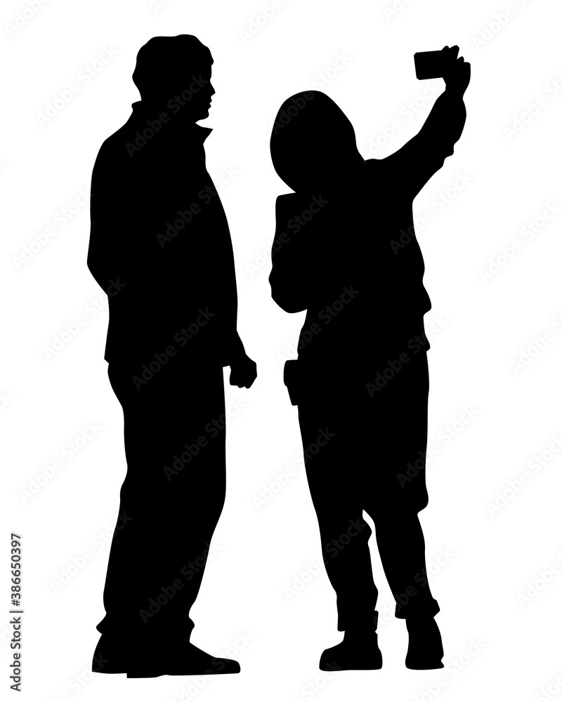 Tourists with smartphones in their hands take pictures of themselves. Isolated silhouettes on white background