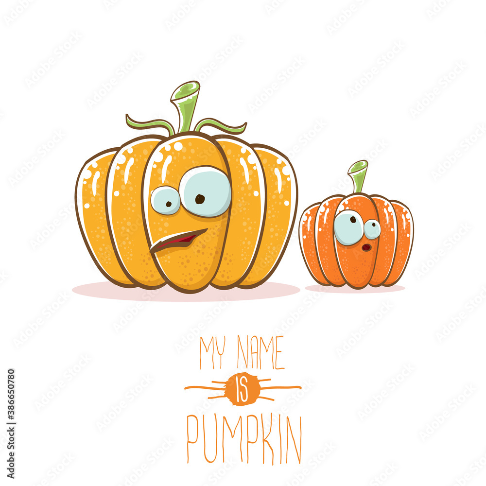 vector funny cartoon cute orange smiling friends pumkins isolated on white background. My name is pumkin vector concept illustration. vegetable funky halloween or thanksgiving day characters set vector funny cartoon cute orange smiling friends pumkins isolated on white background. My name is pumkin vector concept illustration. vegetable funky halloween or thanksgiving day characters set