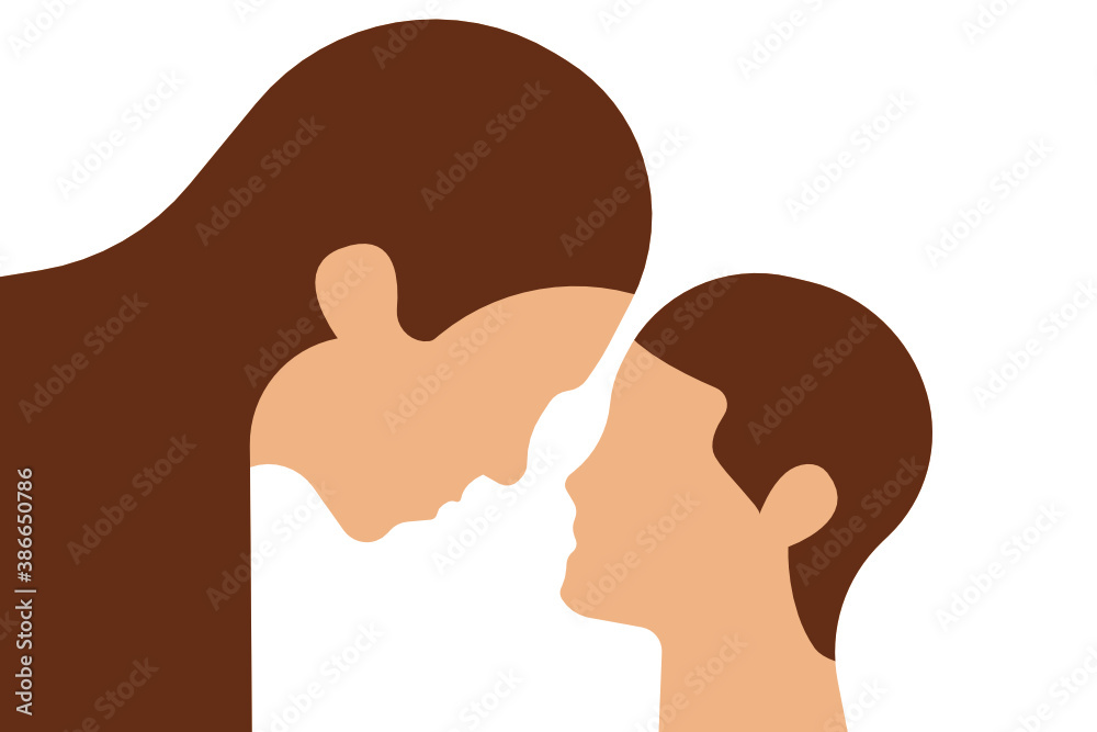 Caucasian mother and child face to face looking to each other. Simple shapes line art illustration. Vector. Caucasian mother and child face to face looking to each other. Simple shapes line art illustration. Vector.