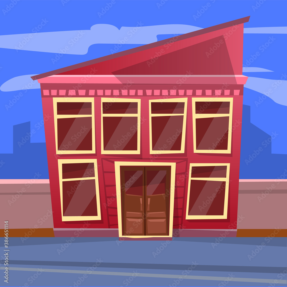 Construction with floors and panoramic windows, shadow of buildings. Restaurant with big glass in red color, cloudy sky, business architecture and dark view, blue skyscrapers, street in city vector