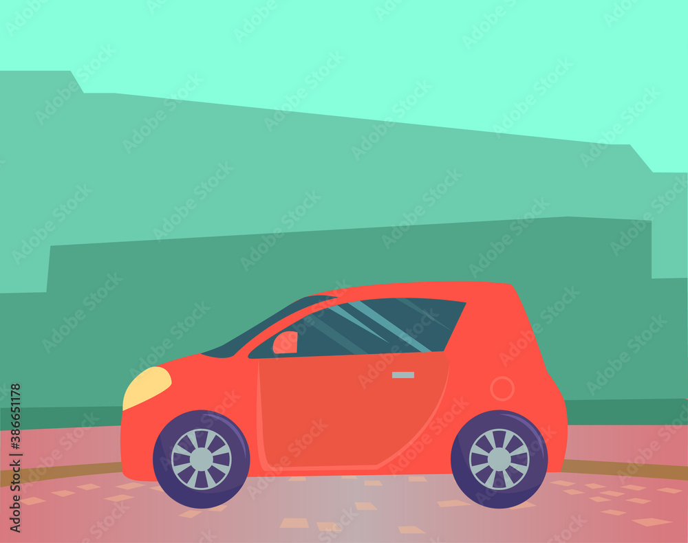Small red microcar vehicle stand on ground in countryside. Automobile to drive and get your destination quickly. Green abstract background with silhouettes. Vector illustration in flat style