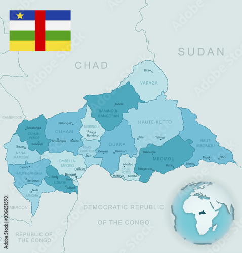 Blue-green detailed map of Central African Republic administrative divisions with country flag and location on the globe.