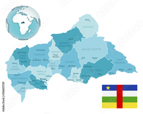 Central African Republic administrative blue-green map with country flag and location on a globe.