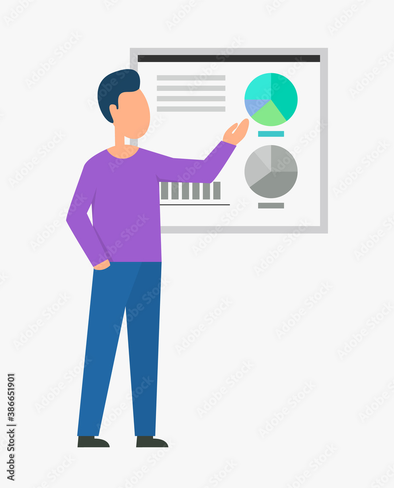 Presenter man vector, person dealing with infocharts and infographics on board, pie diagram business analytics and stats. Flowchart ob screen info Presenter man vector, person dealing with infocharts and infographics on board, pie diagram business analytics and stats. Flowchart ob screen info