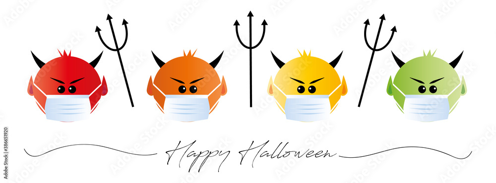 Naklejka premium cute corona halloween devils with face masks