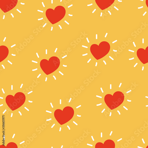 Seamless vector pattern hand-drawn vector illustration of a red heart with rays in an orange circle. Flat