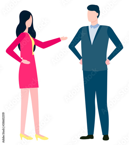 Consulting man and woman discussing business issues. Vector brokers and hucksters, stockbrokers or bill-brokers isolated. Collaboration of colleagues