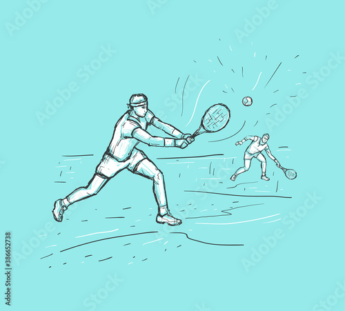 Men playing tennis together at the court. Tennis sports contest. Sketch vector hand drawn Illustration on bright blue background.  Racket sport game. Design for card, invitation, web banner, print © GaliChe