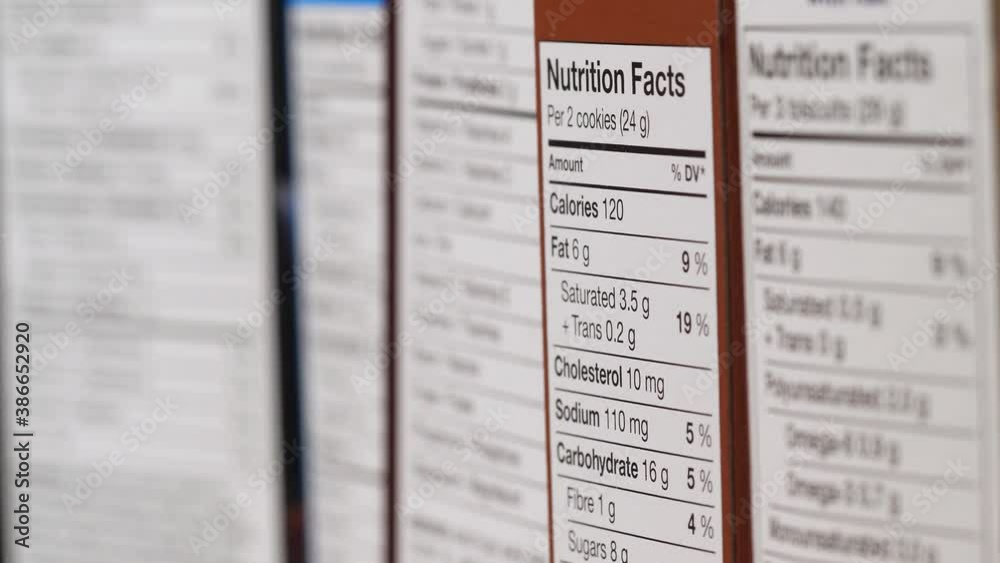 Focus pulling between multiple nutrition fact information lists on the side of food boxes.