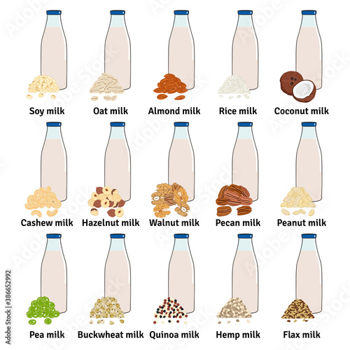 Set of bottles with plant-based milk. Vegan milk