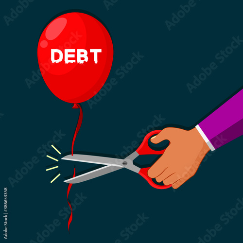 Businessmen use scissors to cut debt balloons. Business idea