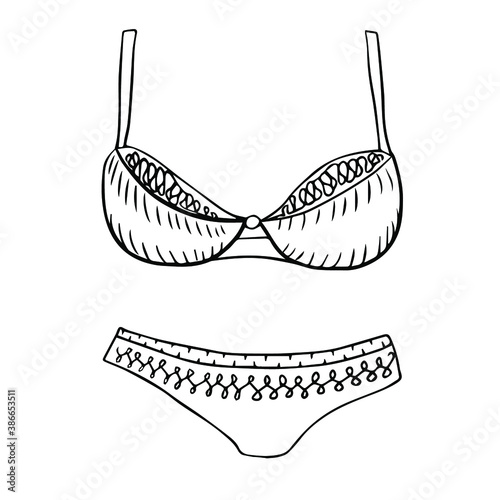 Female swimsuit.Bra and underpants outlines isolated on the white background.Vector. Doodle elements for design.