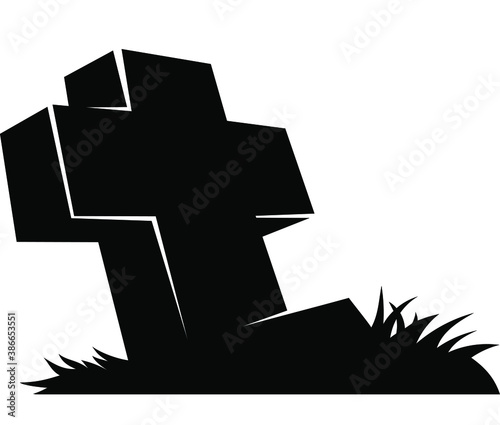 Cross gravestone. Tombstone ancient silhouette. Halloween sign. Vector.
