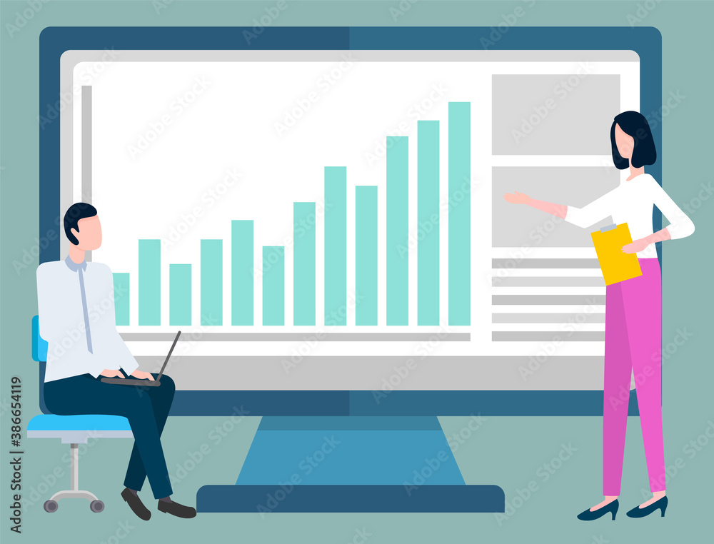 Information and infocharts on monitor vector, people dealing with statistics and infocharts analysis. Research of man and woman working on laptop Information and infocharts on monitor vector, people dealing with statistics and infocharts analysis. Research of man and woman working on laptop