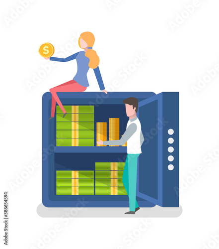Man and woman by strongbox vector, people in bank, personal storage of finance business client with gold coin, banknotes of dollars on shelves flat style