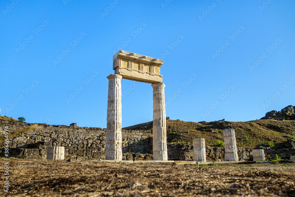 Colonnade in antique city Panticapaeum, Kerch, Crimea. Main city located behind pillars