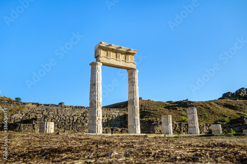 Colonnade in antique city Panticapaeum, Kerch, Crimea. Main city located behind pillars photo