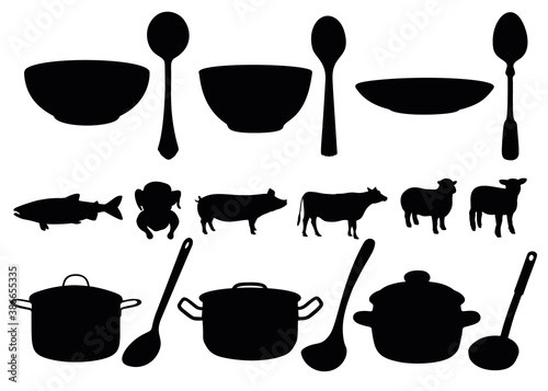 Soup set, which includes pots, ladles, spoons, plates, fish, beef, pork, lamb.
