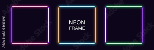 Neon square Frame. Set of quadrate neon Border in 4 outline parts. Geometric shape