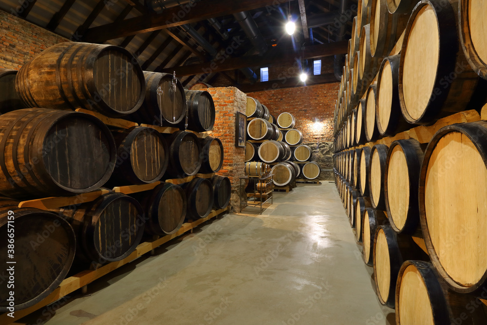 Rows of alcoholic barrels are kept in stock. Distillery. Cognac, whiskey, wine, brandy. Alcohol in barrels, alcohol storage