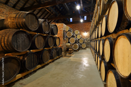 Rows of alcoholic barrels are kept in stock. Distillery. Cognac, whiskey, wine, brandy. Alcohol in barrels, alcohol storage