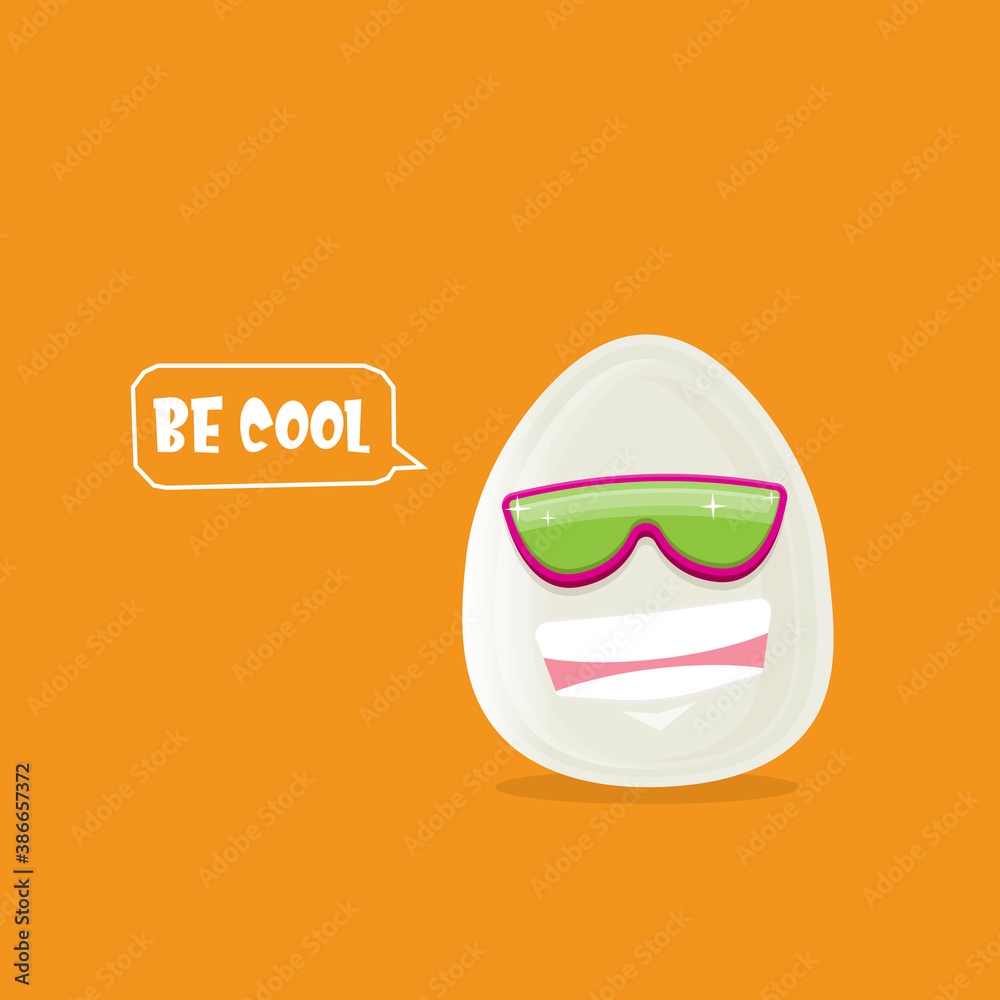 vector funny cartoon egg character with sunglasses isolated on orange background. funky smiling cool white egg sticker vector funny cartoon egg character with sunglasses isolated on orange background. funky smiling cool white egg sticker