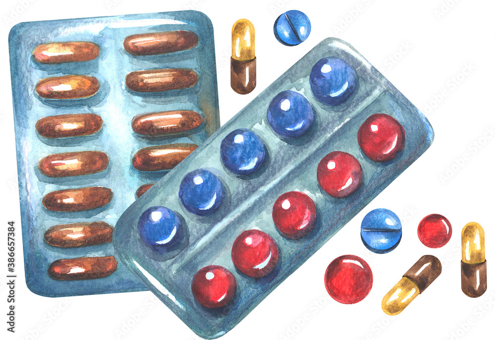 Watercolor medicine tablets and pills