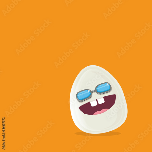 vector funny cartoon egg character with sunglasses isolated on orange background. funky smiling cool white egg sticker