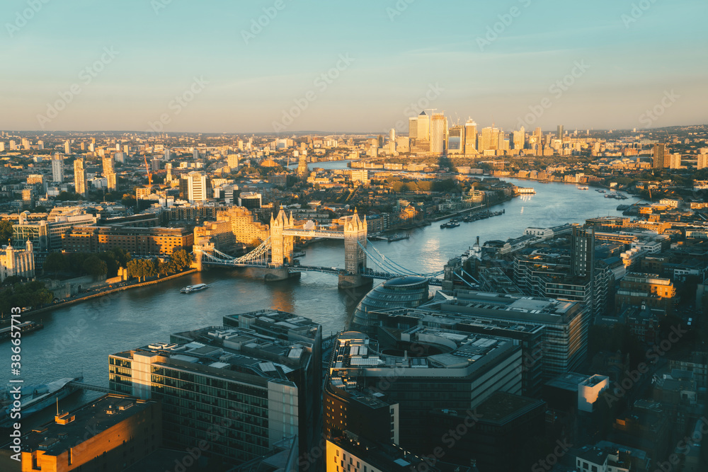 London aerial view with Tower Bridge, UK - obrazy, fototapety, plakaty 