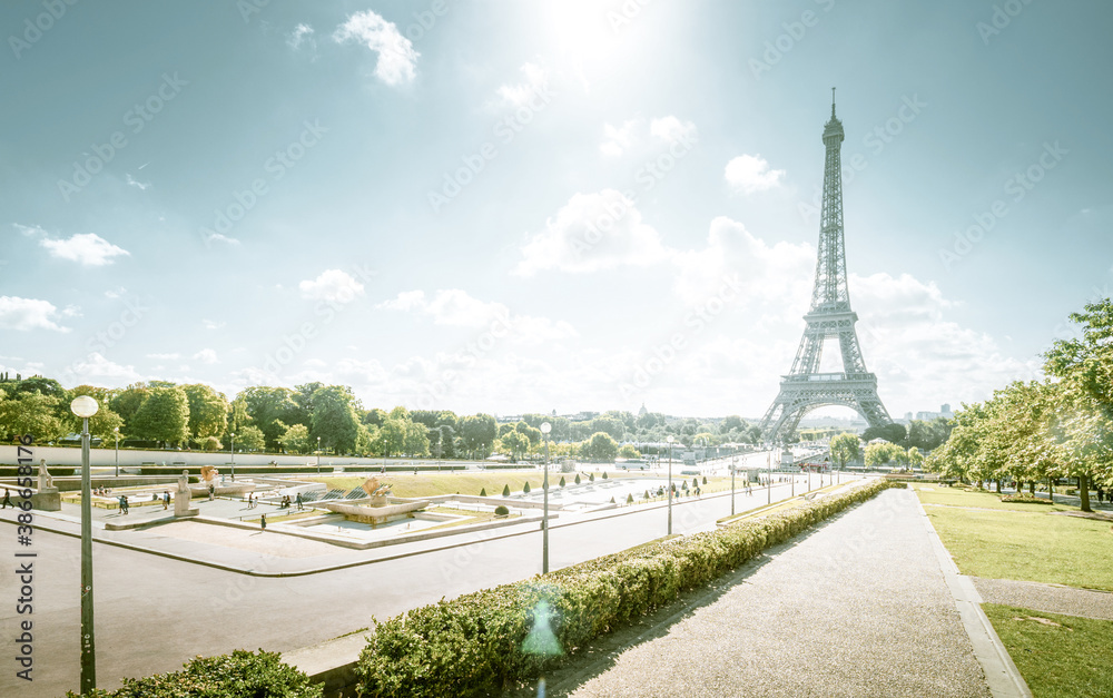sunny morning and Eiffel Tower, Paris, France sunny morning and Eiffel Tower, Paris, France