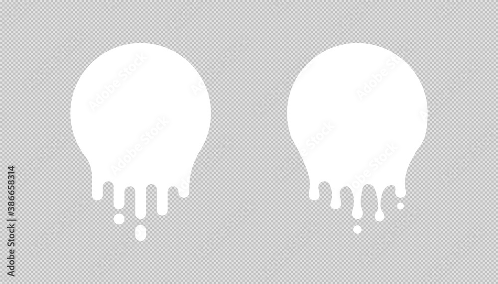 Paint drip stickers, circle white melt drop vector icons. Vector milk circle melt drops, graffiti paint drip blobs. Vector illustration. Paint drip stickers, circle white melt drop vector icons. Vector milk circle melt drops, graffiti paint drip blobs. Vector illustration.