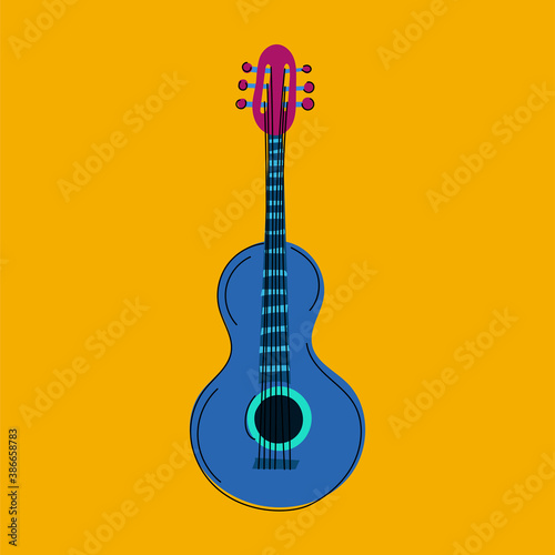 Hand-drawn vector illustration of an acoustic guitar with strings. Jazz, classical music. Rock. Musical instrument. Flat.