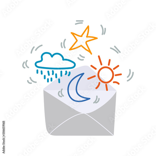 Vector hand drawn illustration of an envelope with the sun, cloud with raindrops, crescent, star. Weather forecast. Moon. Doodley. Weather. Letter. Message.