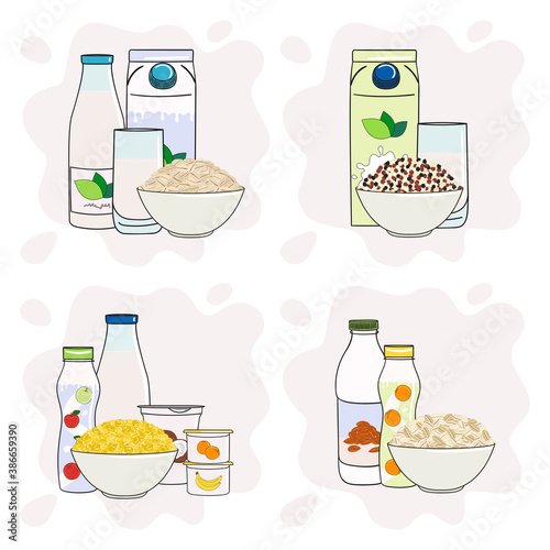 Templates with milk in glass, bottles and box