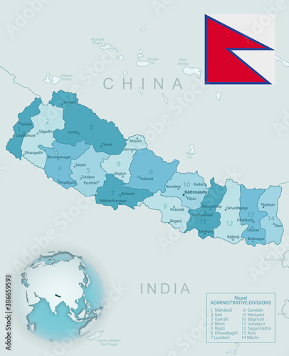 Blue-green detailed map of Nepal administrative divisions with country flag and location on the globe.