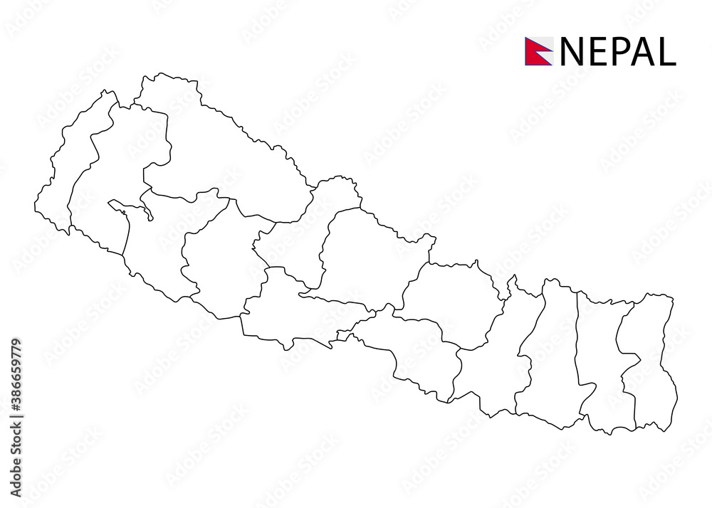 Nepal map, black and white detailed outline regions of the country