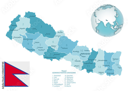 Nepal administrative blue-green map with country flag and location on a globe.
