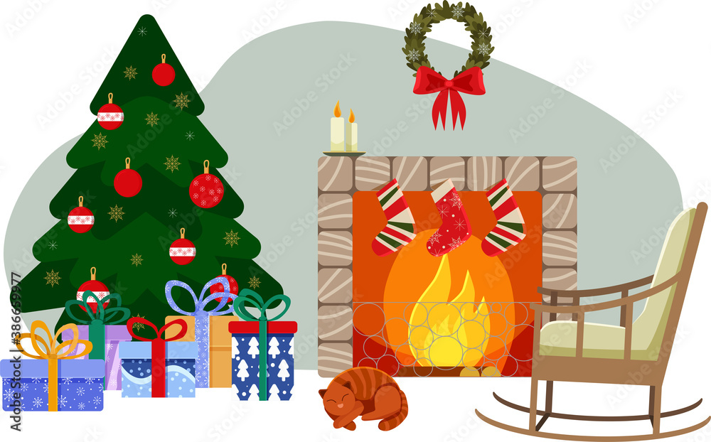 Christmas room with fireplace. Festive mood. Fireplace, Christmas tree, gifts, rocking chair. Vector illustration