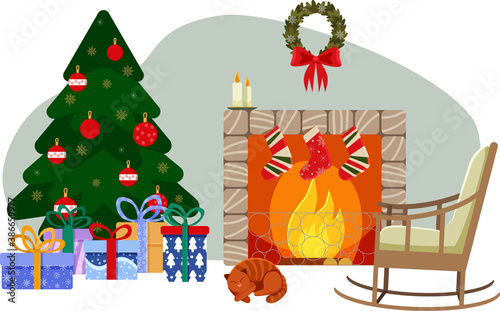 Christmas room with fireplace. Festive mood. Fireplace, Christmas tree, gifts, rocking chair. Vector illustration