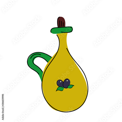 Vector hand drawn illustration of a bottle with pen with olive oil. Olives with a leaf. Food. Jug with cork. Sunflower oil. Utensils for storage. Capacity. Doodle